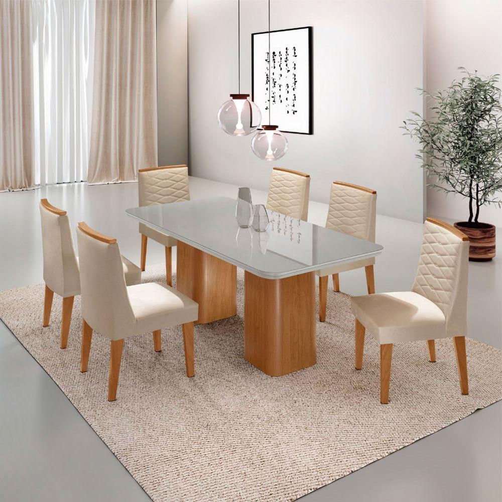 Mesa De Jantar Eloise Tampo MDF Vidro Com 6 Cadeiras Moderna Veludo Creme Off White Naturale