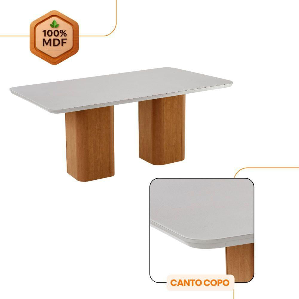 Mesa De Jantar Eloise Tampo MDF Vidro Com 6 Cadeiras Moderna Veludo Creme Off White Naturale