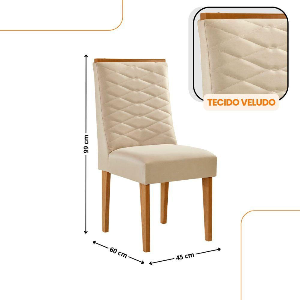 Mesa De Jantar Eloise Tampo MDF Vidro Com 6 Cadeiras Moderna Veludo Creme Off White Naturale