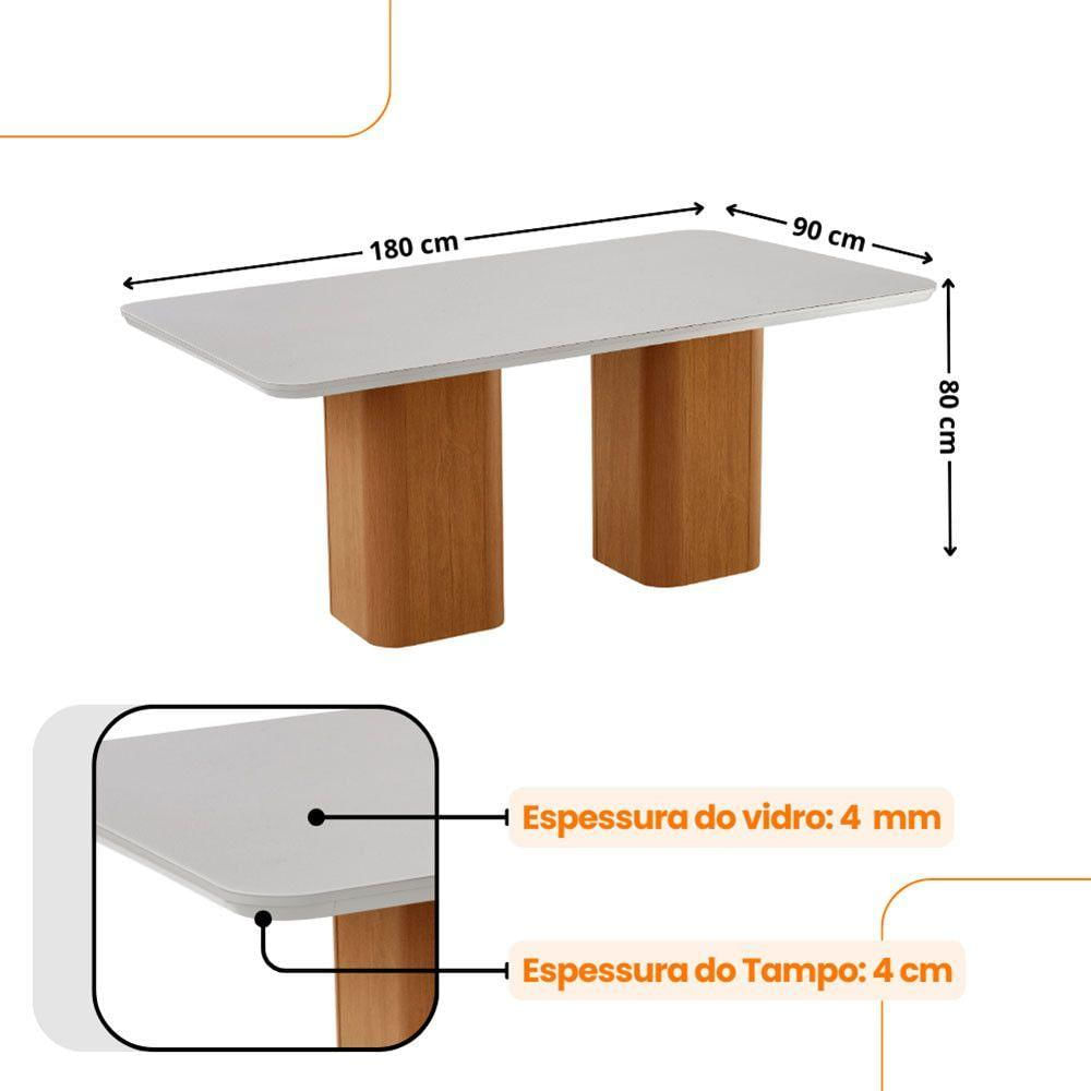 Mesa De Jantar Eloise Tampo MDF Vidro Com 6 Cadeiras Moderna Veludo Creme Off White Naturale