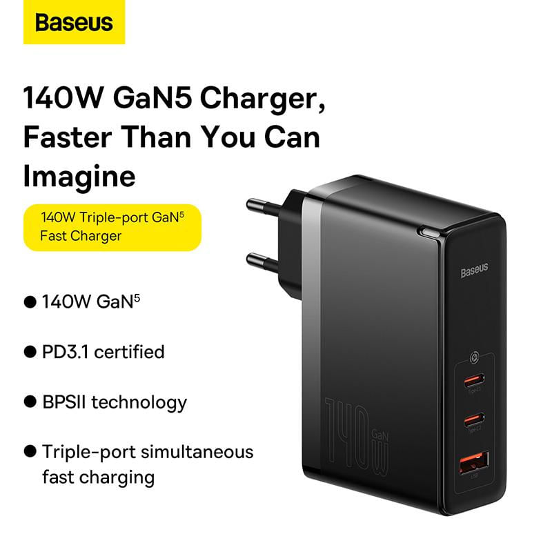 Carregador Rápido Baseus GaN5 Pro Dual Type C+USB 140W preto