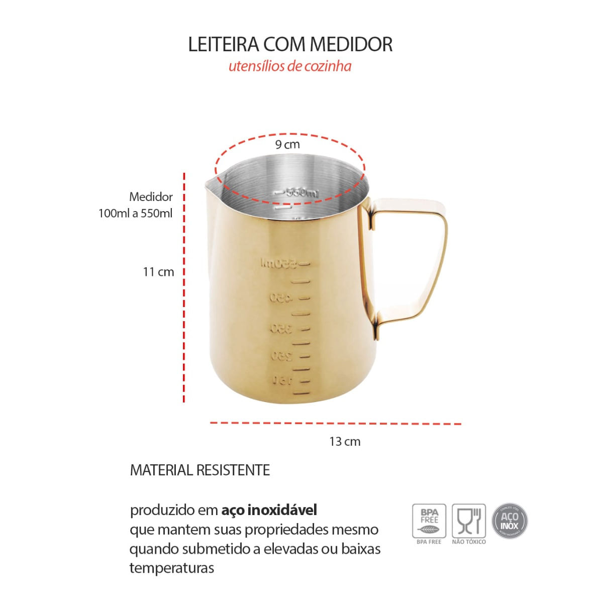 Leiteira Chaleira Bule Dourado Inox Medidor Cafeteria 600ml