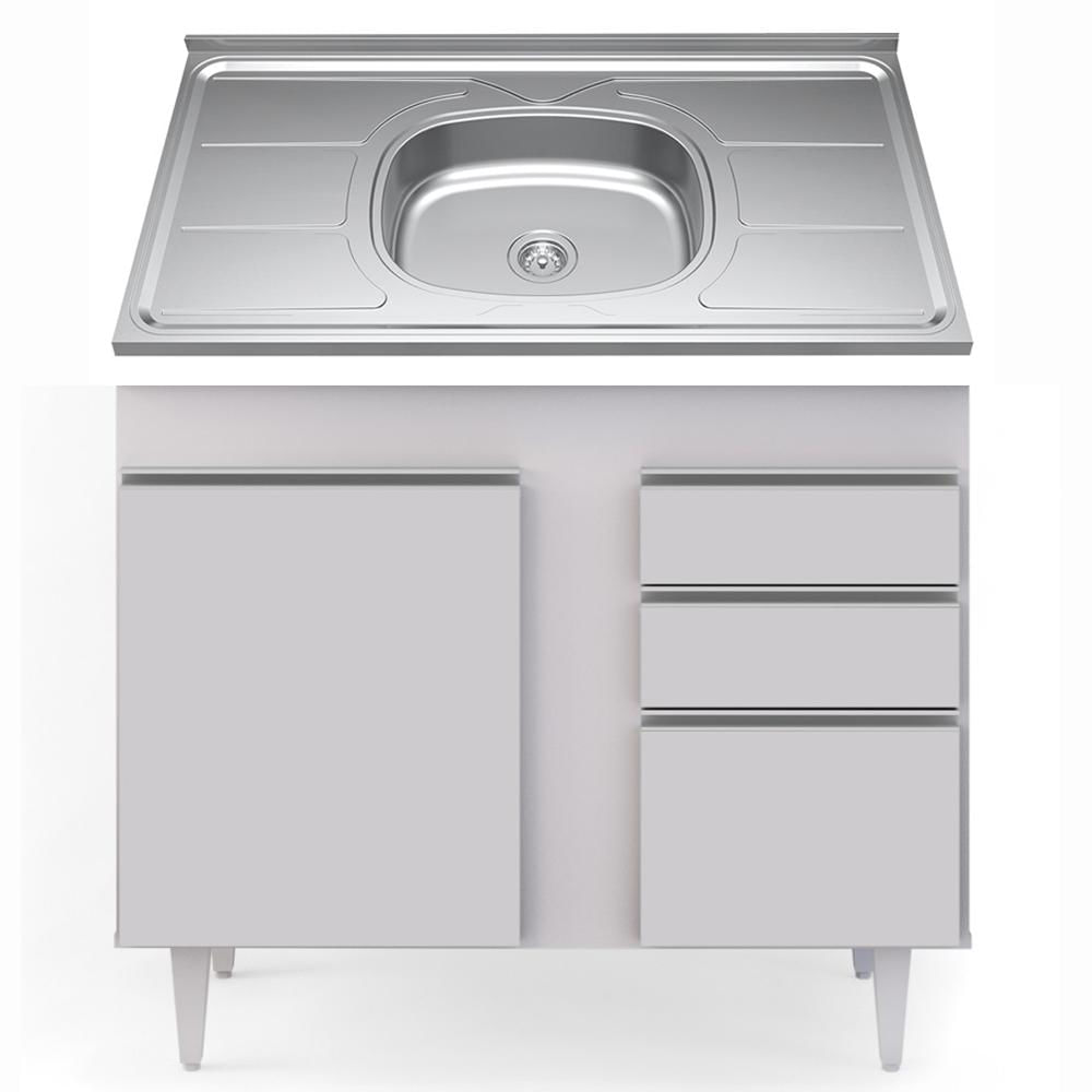 Balcão Gabinete Com Pia Inox 100cm 3 Portas 2 Gavetas Luziania Branco - Lumil Móveis