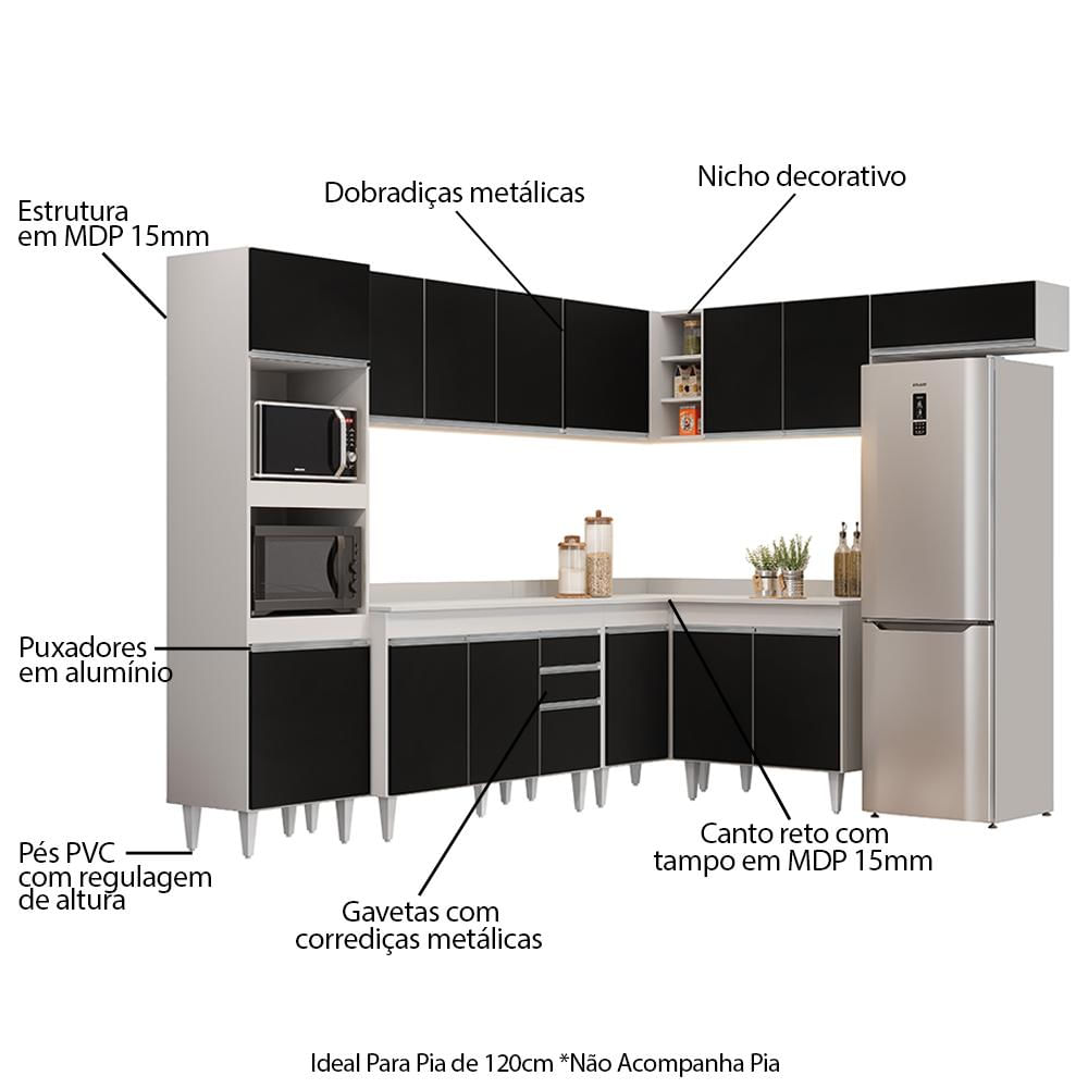 Armário de Cozinha Modulada de Canto 8 Peças CP02 Balcão com Tampo Branco/Preto - Lumil