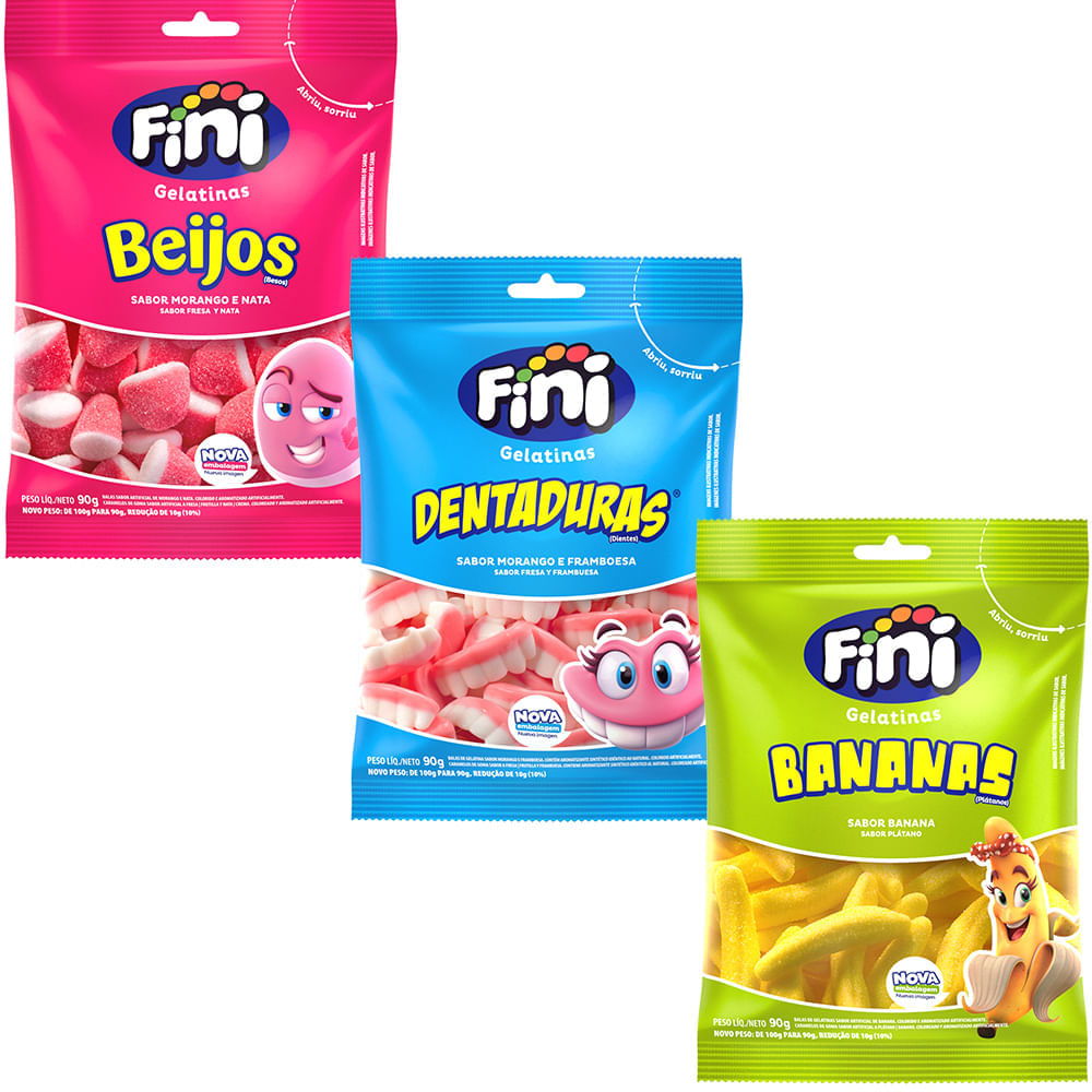 Kit de Balas de Gelatina: Beijo Morango 90G + Dentaduras 90G + Bananas 90G - Fini