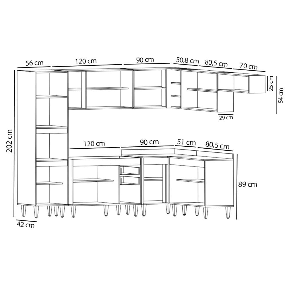 Armário de Cozinha Modulada de Canto 8 Peças CP01 Balcão Branco/Preto - Lumil