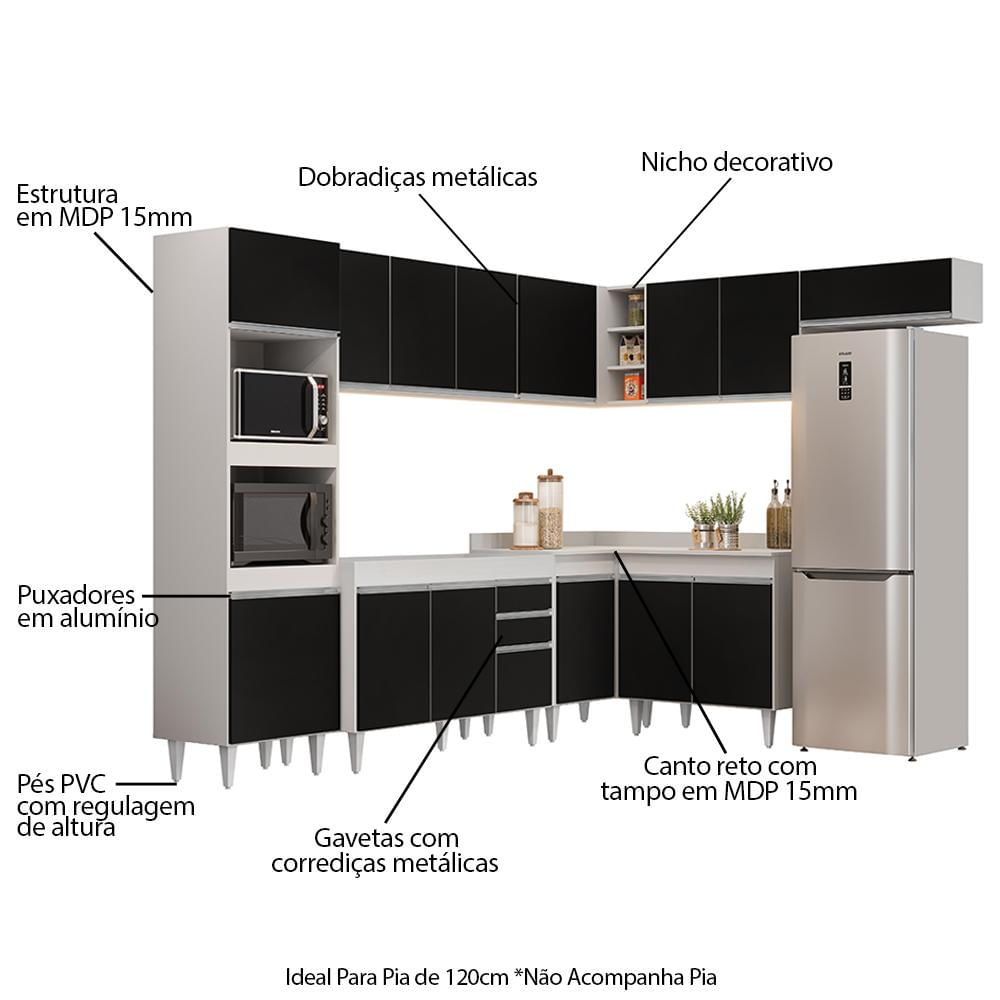 Armário de Cozinha Modulada de Canto 8 Peças CP01 Balcão Branco/Preto - Lumil