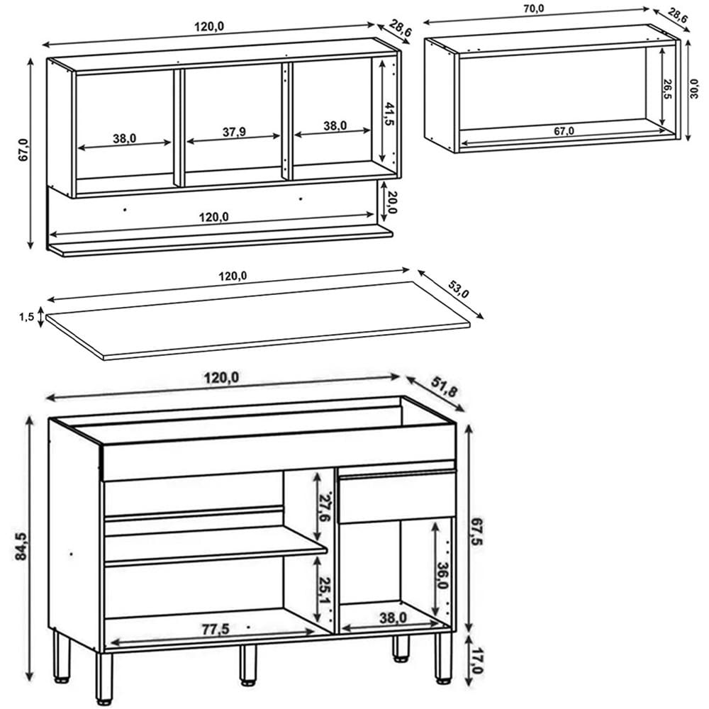 Armário de Cozinha 3 Peças Balcão com Tampo 120cm Lina05 K02 Gris/Freijó - Mpozenato