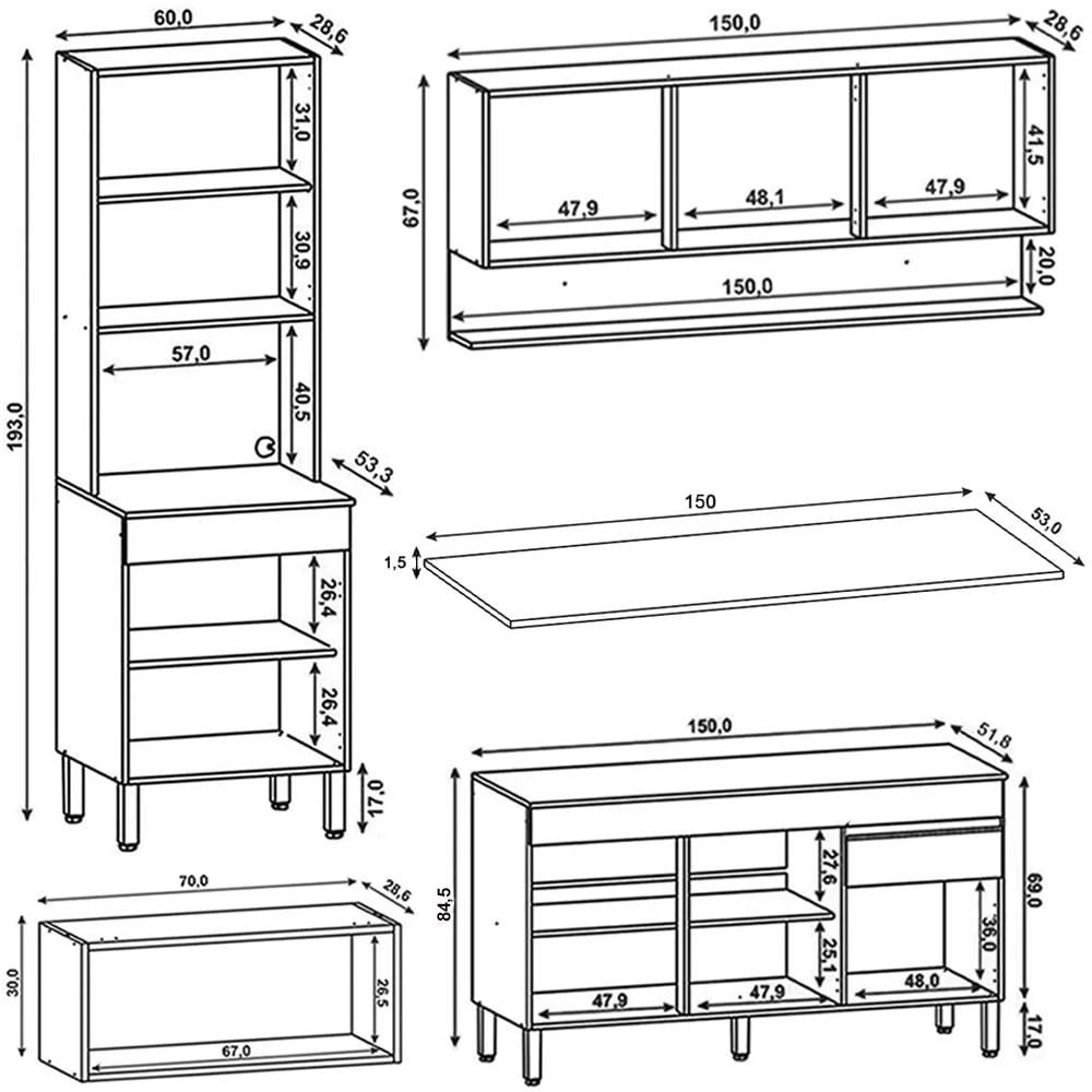 Armário de Cozinha 4 peças Balcão com Tampo 150cm Lina17 K02 Gris/Freijó - Mpozenato