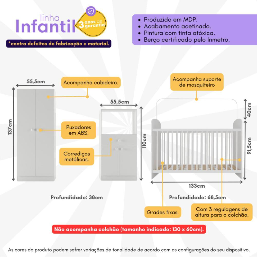 Quarto Infantil Completo com Berço Guarda-Roupa e Cômoda Multimóveis MP4358 Branca