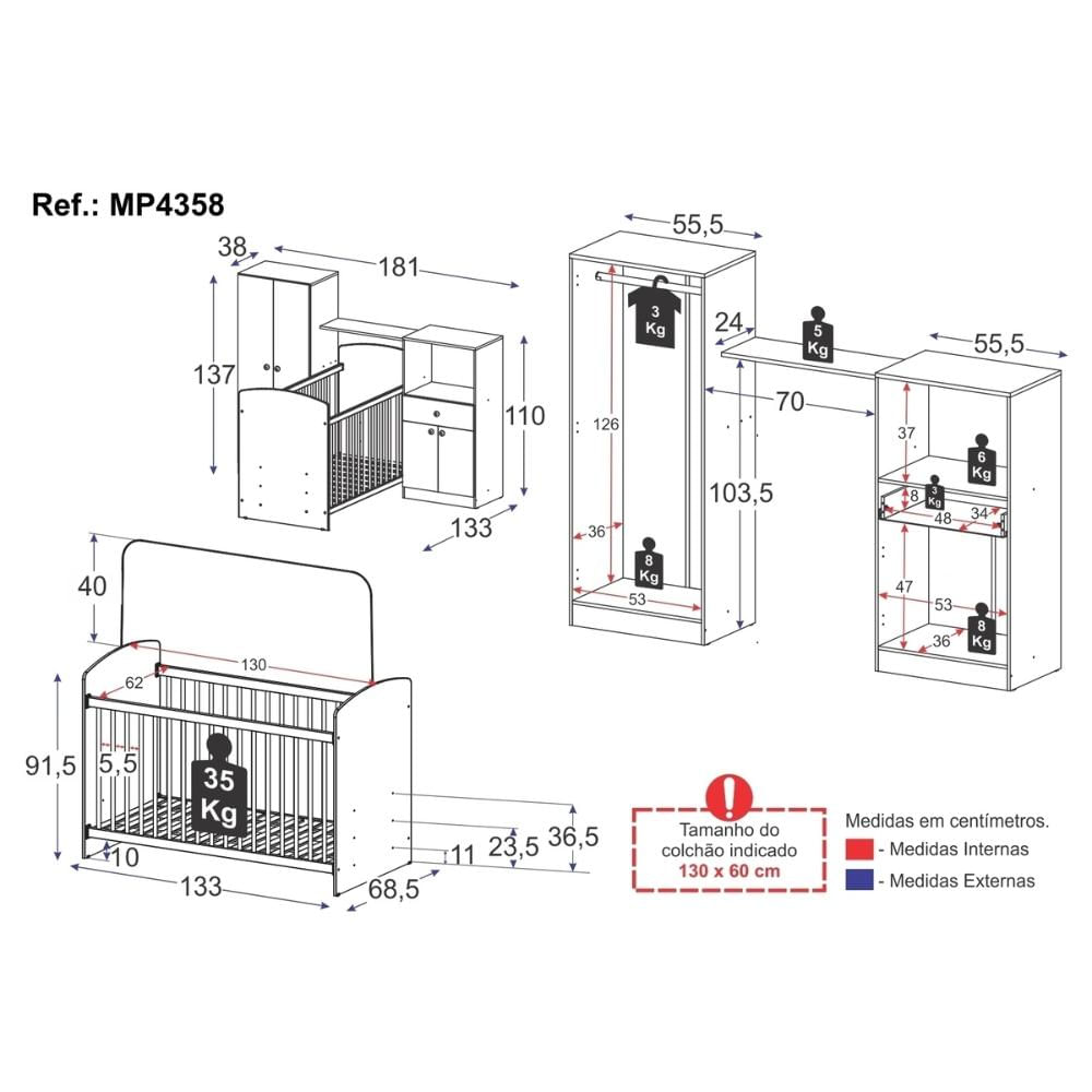 Quarto Infantil Completo com Berço Guarda-Roupa e Cômoda Multimóveis MP4358 Branca