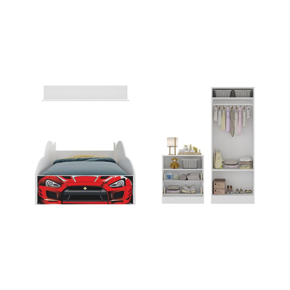 Quarto Infantil Completo com Cama Carro para Colchão 88x188cm Multimóveis MP4340 Vermelho