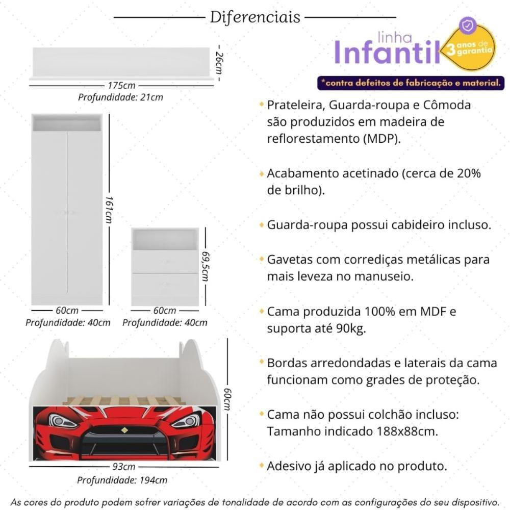 Quarto Infantil Completo com Cama Carro para Colchão 88x188cm Multimóveis MP4340 Vermelho