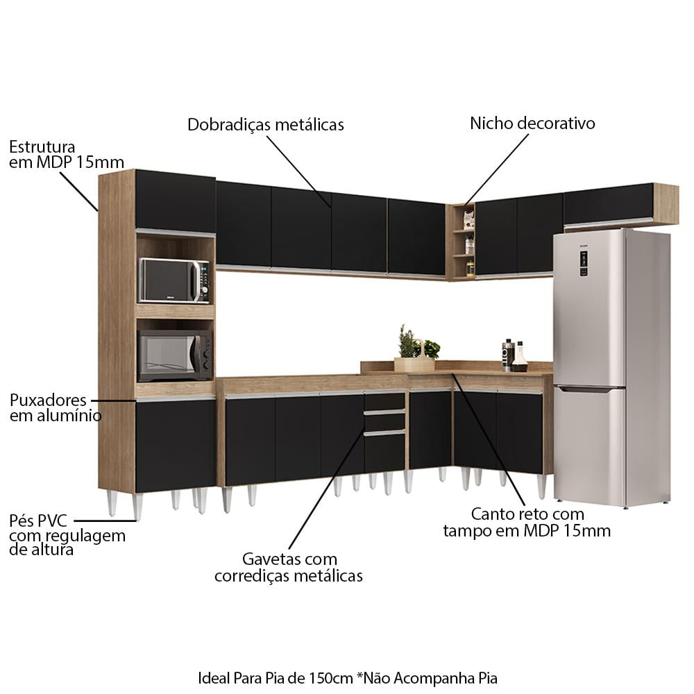 Armário de Cozinha Modulada de Canto 8 Peças CP07 Balcão Castanho/Preto - Lumil