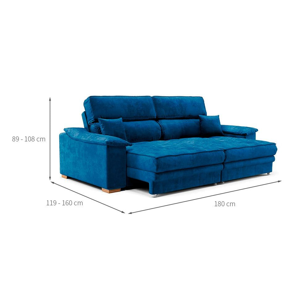 Sofá 3 Lugares Retrátil e Reclinável Lupin Velosuede Azul Marinho 180 cm