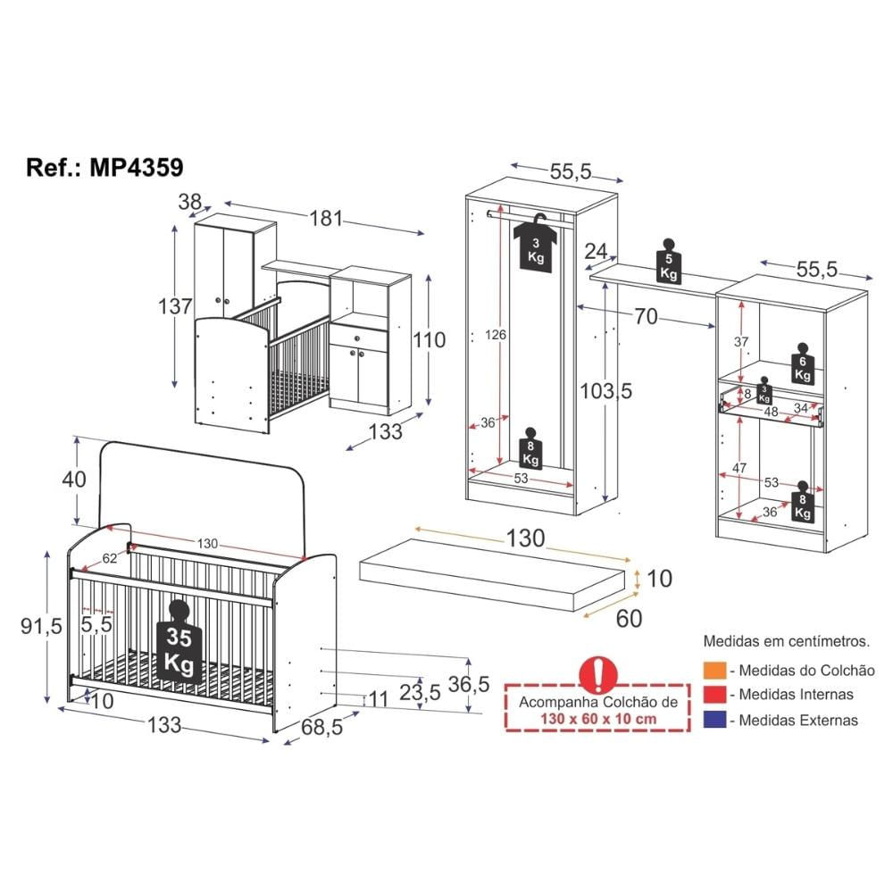 Quarto Infantil Completo Berço com Colchão Incluso Guarda-Roupa e Cômoda Multimóveis MP4359 Branca