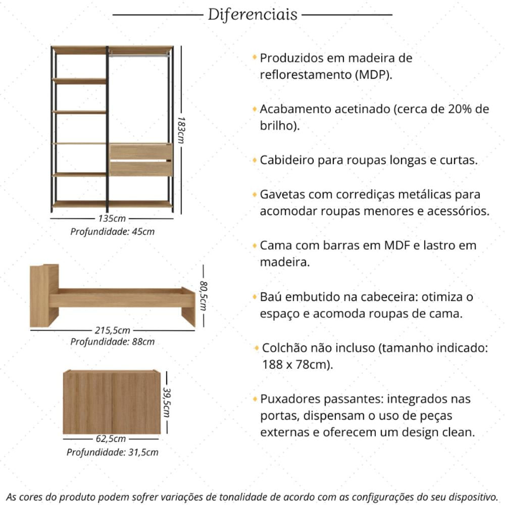 Quarto Completo com Cama Solteiro para Colchão 188x78cm com Baú Embutido Multimóveis MP4342 Preto / Madeirado