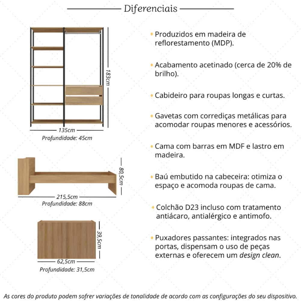 Quarto Completo com Cama Solteiro com Colchão Incluso e Baú Embutido Multimóveis MP4343 Preto / Madeirado