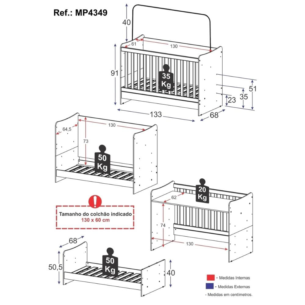 Berço 4 em 1 Vira Escrivaninha para Colchão 60x130cm Multimóveis MP4349 Branca