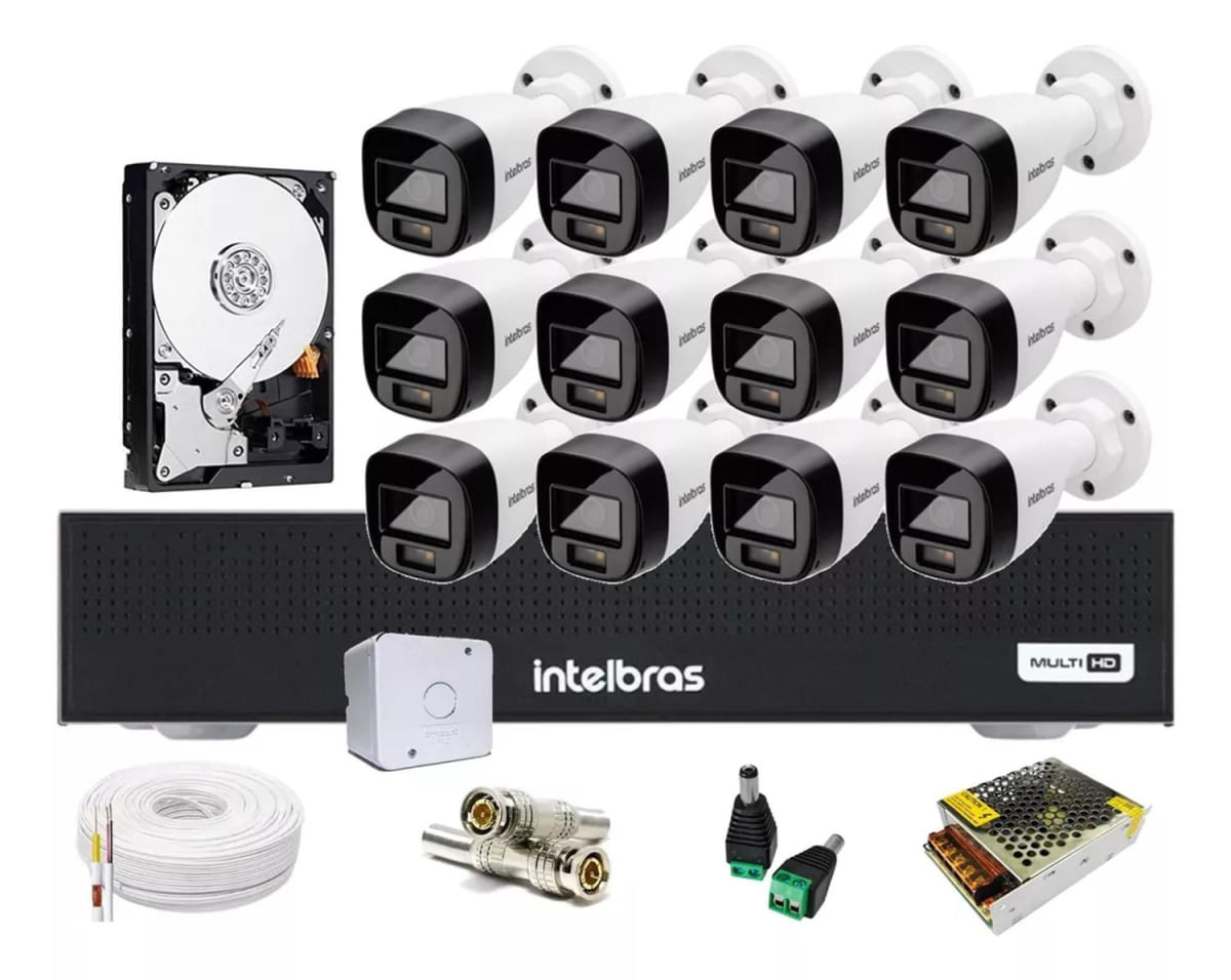 Kit 12 Cameras Segurança Intelbras 1120b Full Color, Dvr 1016c 16ch Com Hd 3 Tera