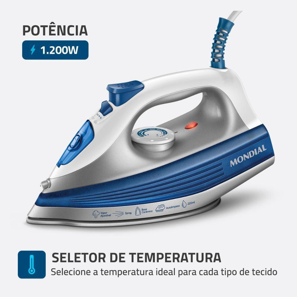 Ferro A Vapor Mondial Base Cerâmica Fvn-01-bl Branco/azul 127 V