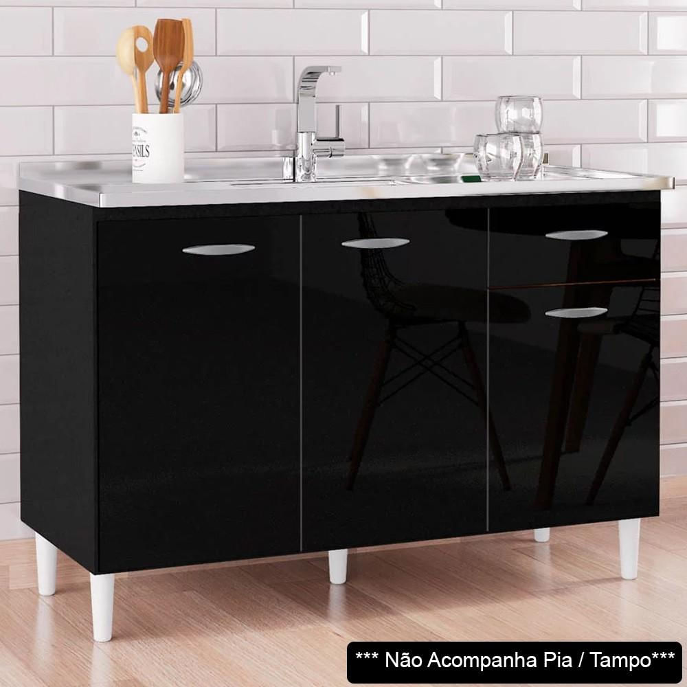 Balcão Gabinete de Pia para Cozinha 120cm 3 Portas Classic P11 Preto - Mpozenato