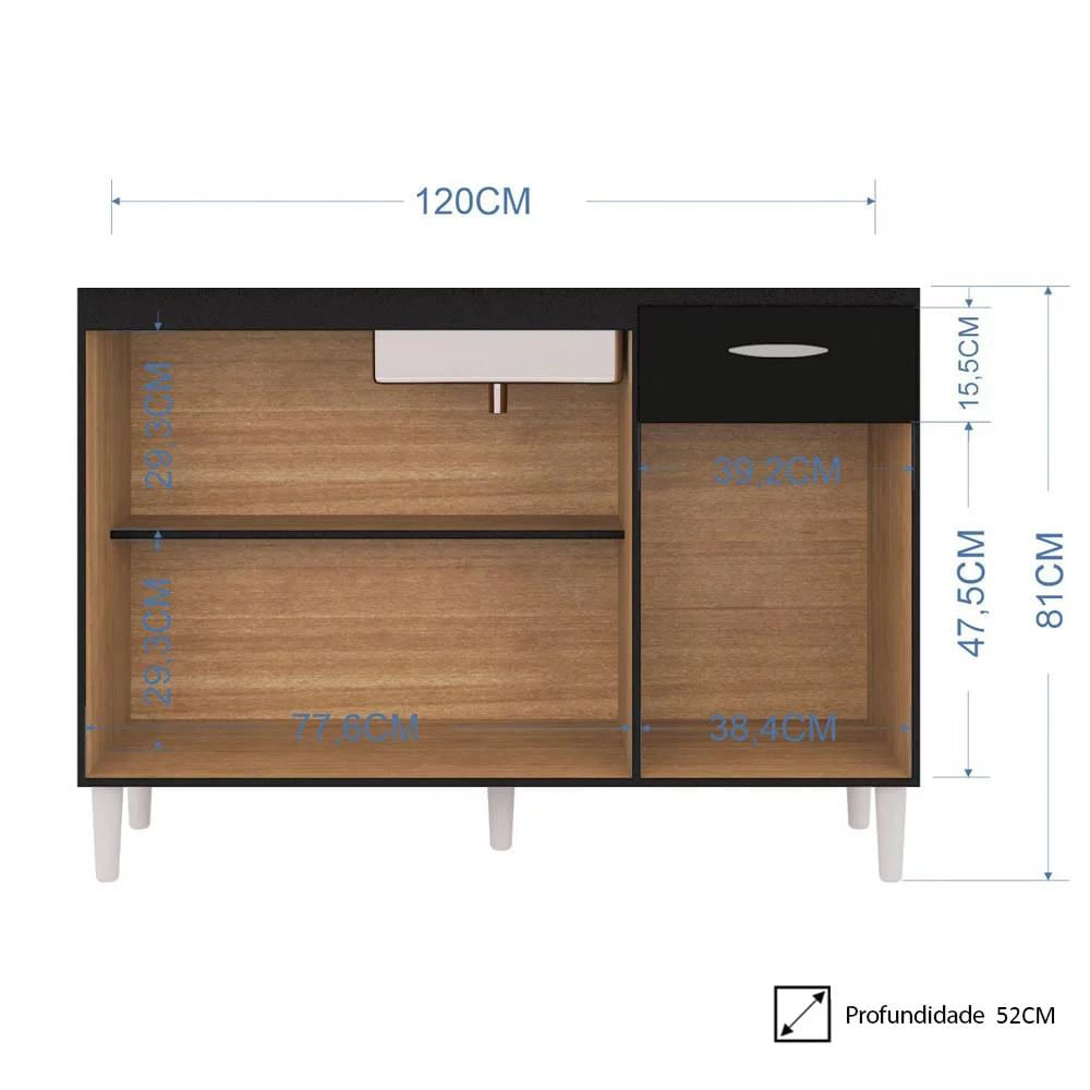 Balcão Gabinete de Pia para Cozinha 120cm 3 Portas Classic P11 Preto - Mpozenato