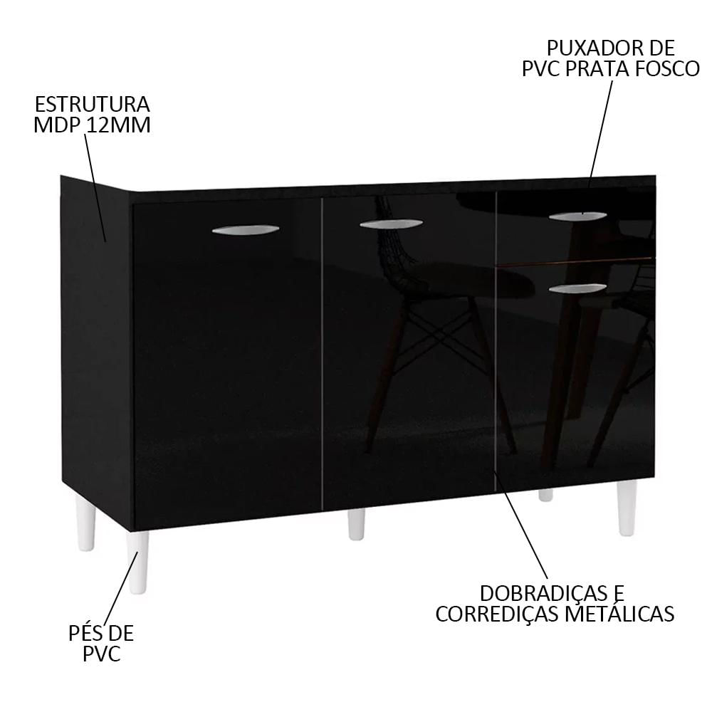 Balcão Gabinete de Pia para Cozinha 120cm 3 Portas Classic P11 Preto - Mpozenato