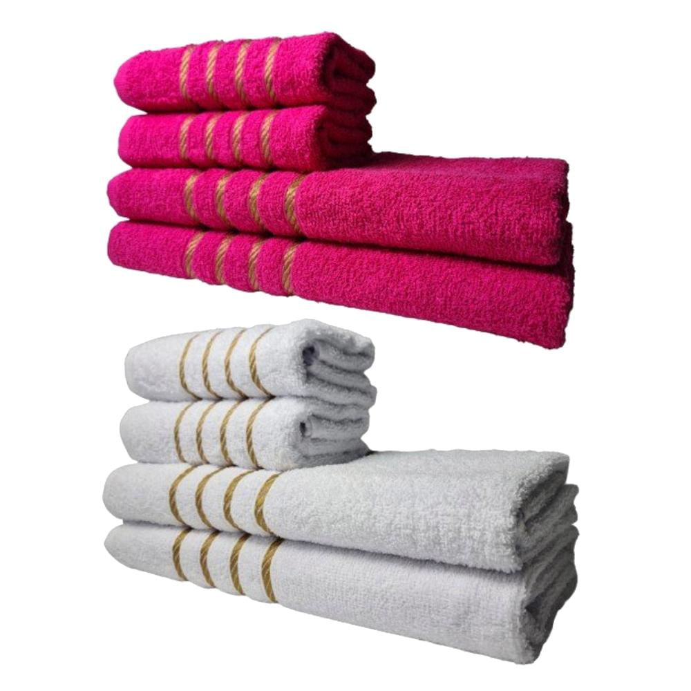 Kit 8 Toalhas Grossas e Grandes Dubai 4 Banhos 4 Rostos Rosa+Branco