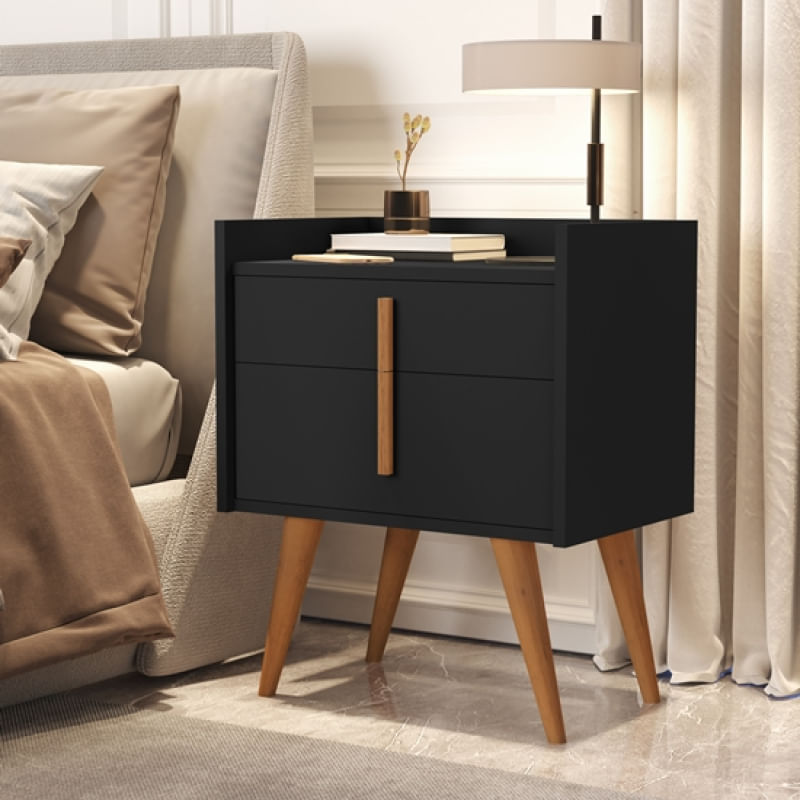 Mesa de Cabeceira Daiane Pés Palito Madeira Porta e Gaveta Preto - Comprar Moveis em Casa