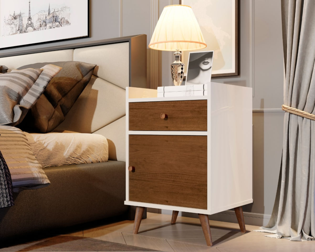 Quarto Estilo Retrô Pés Palito Mesa de Cabeceira 1 gaveta 1 porta Prime Perola /  Caramelo - Comprar Moveis Em Casa