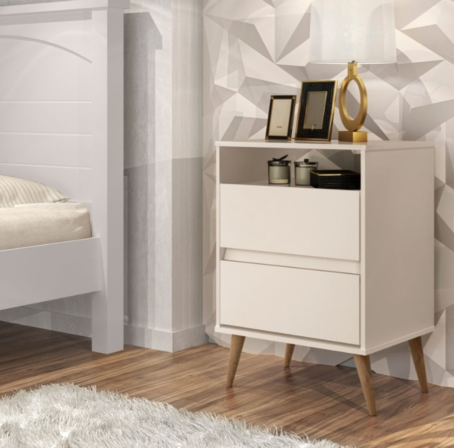 Mesa de Cabeceira Estilo Retrô Pés Palito 2 gavetas Texas - Off White - Comprar Moveis Em Casa