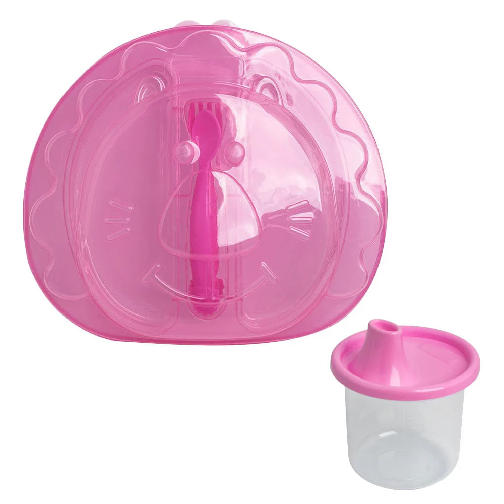 Kit Refeição Infantil LP House Linha Dindo com Talheres e Copo Rosa