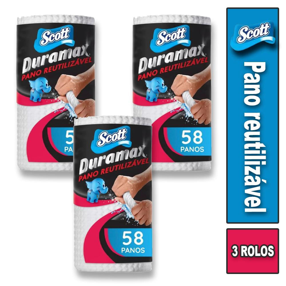 3 Rolos de Toalha Pano Reutilizável Scott Duramax 58 pç cada