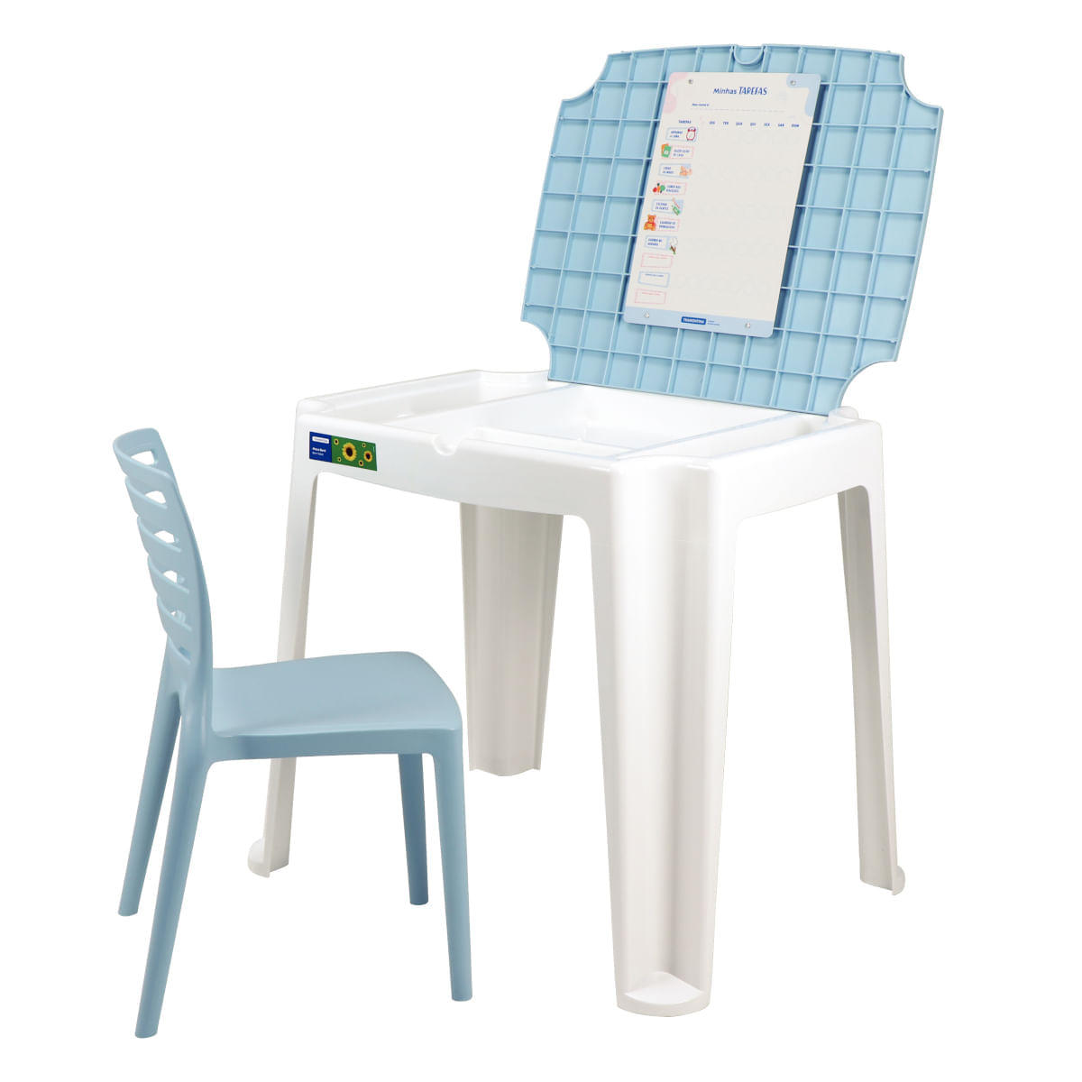 Conjunto Infantil de Mesa e Cadeira Tramontina Beni Azul em Polipropileno com Quadro de Atividades