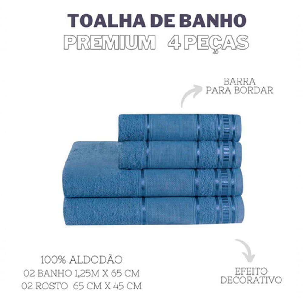 Jogo Toalha Banho Rosto 100% Algodão 4 Pç Premium Azul Jeans