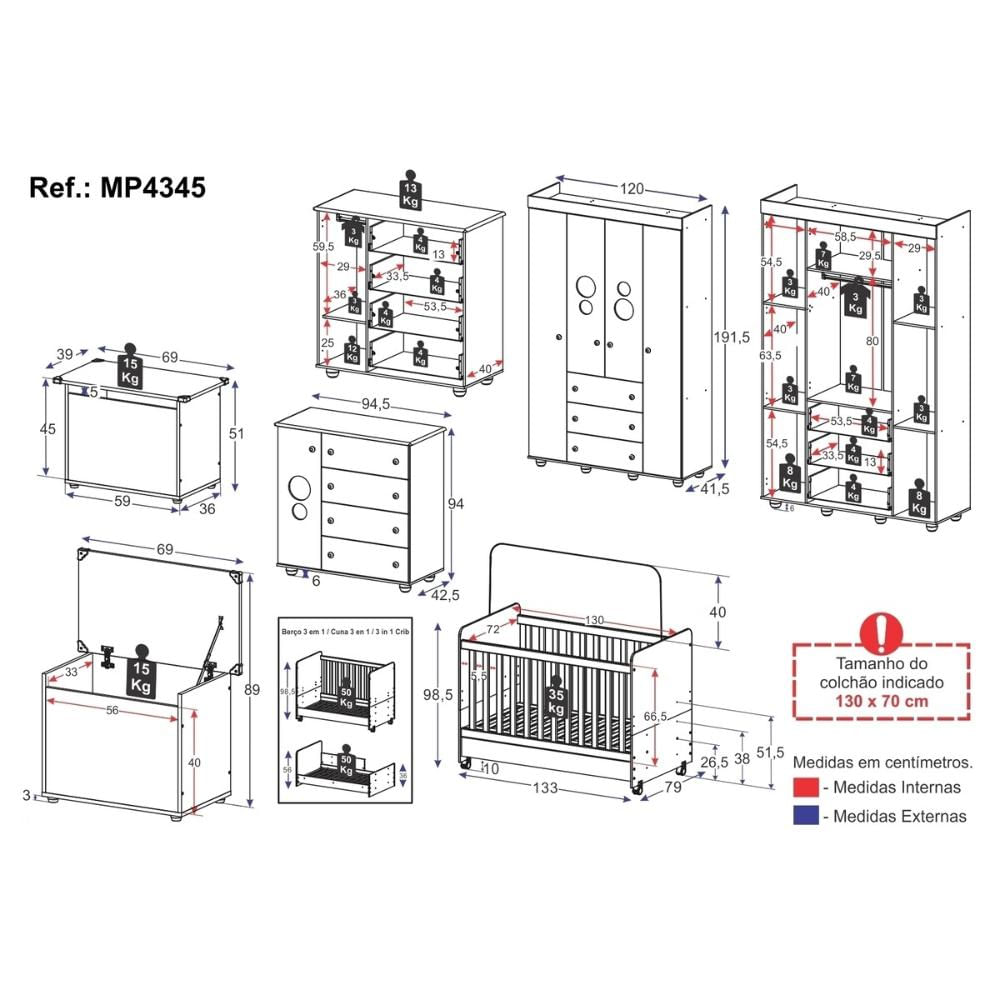 Quarto Infantil Completo com Berço Americano 3 em 1 para Colchão 130x70cm Multimóveis MP4345 Branca