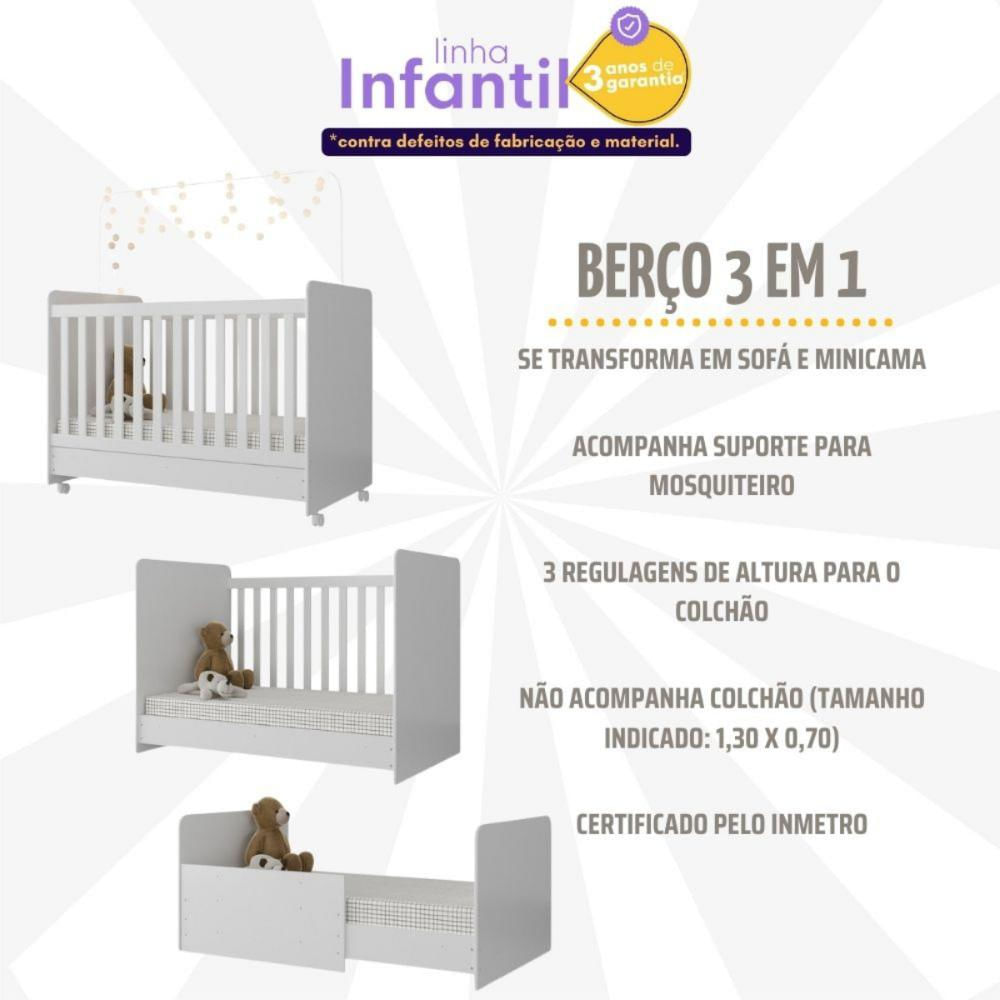 Quarto Infantil Completo com Berço Americano 3 em 1 para Colchão 130x70cm Multimóveis MP4345 Branca