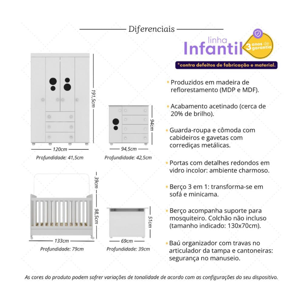 Quarto Infantil Completo com Berço Americano 3 em 1 para Colchão 130x70cm Multimóveis MP4345 Branca