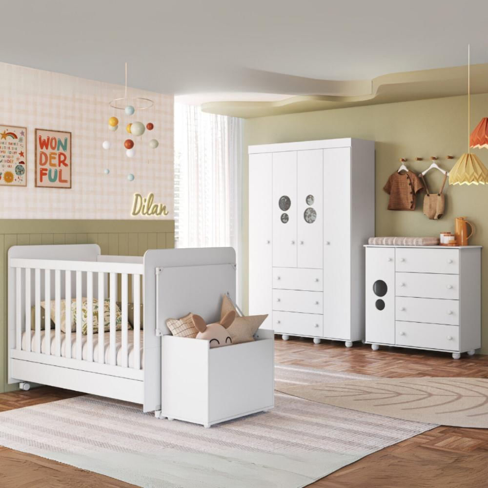 Quarto Infantil Completo com Berço Americano 3 em 1 para Colchão 130x70cm Multimóveis MP4345 Branca