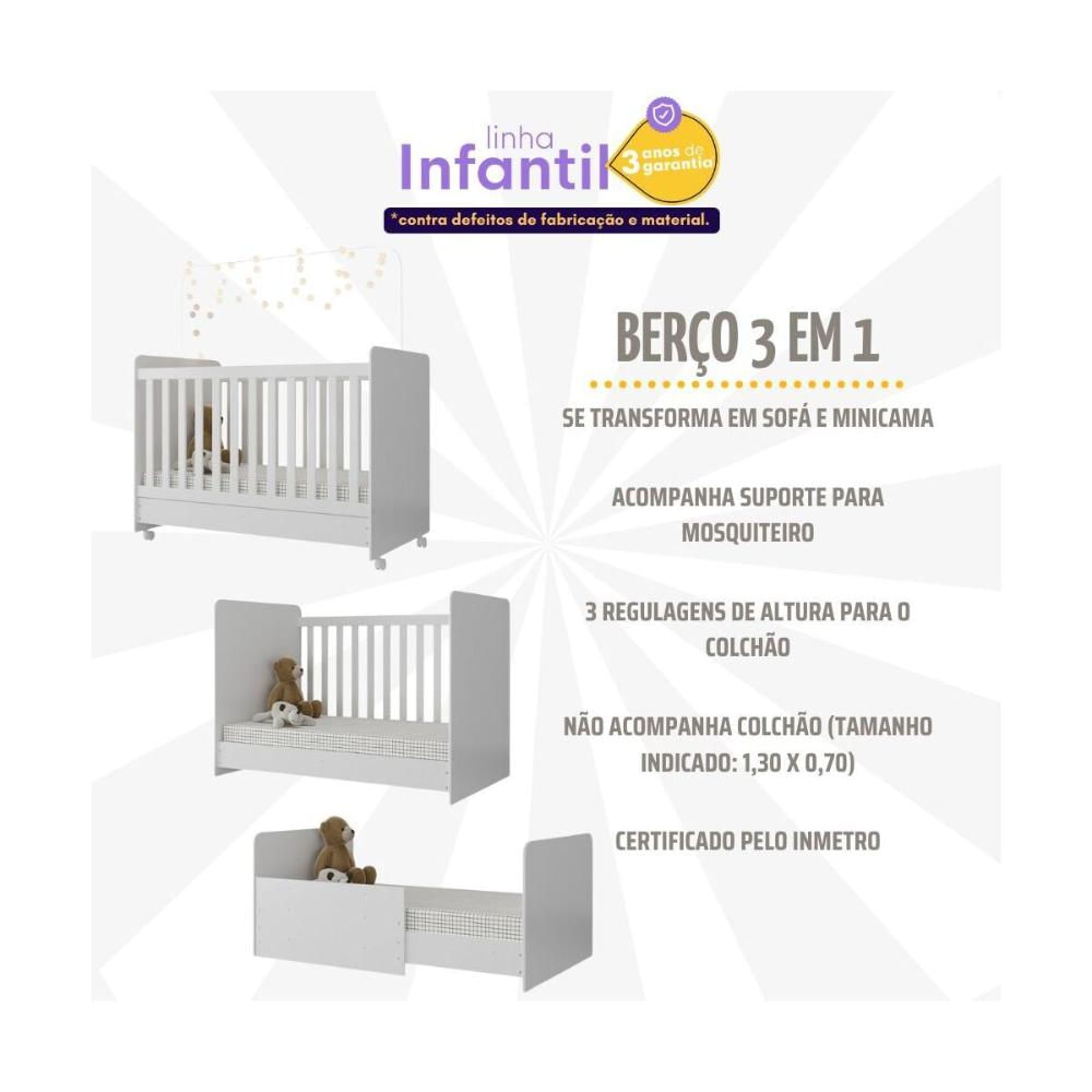 Quarto Infantil Completo com Berço Americano 3 em 1 para Colchão 130x70cm Multimóveis MP4360 Branca