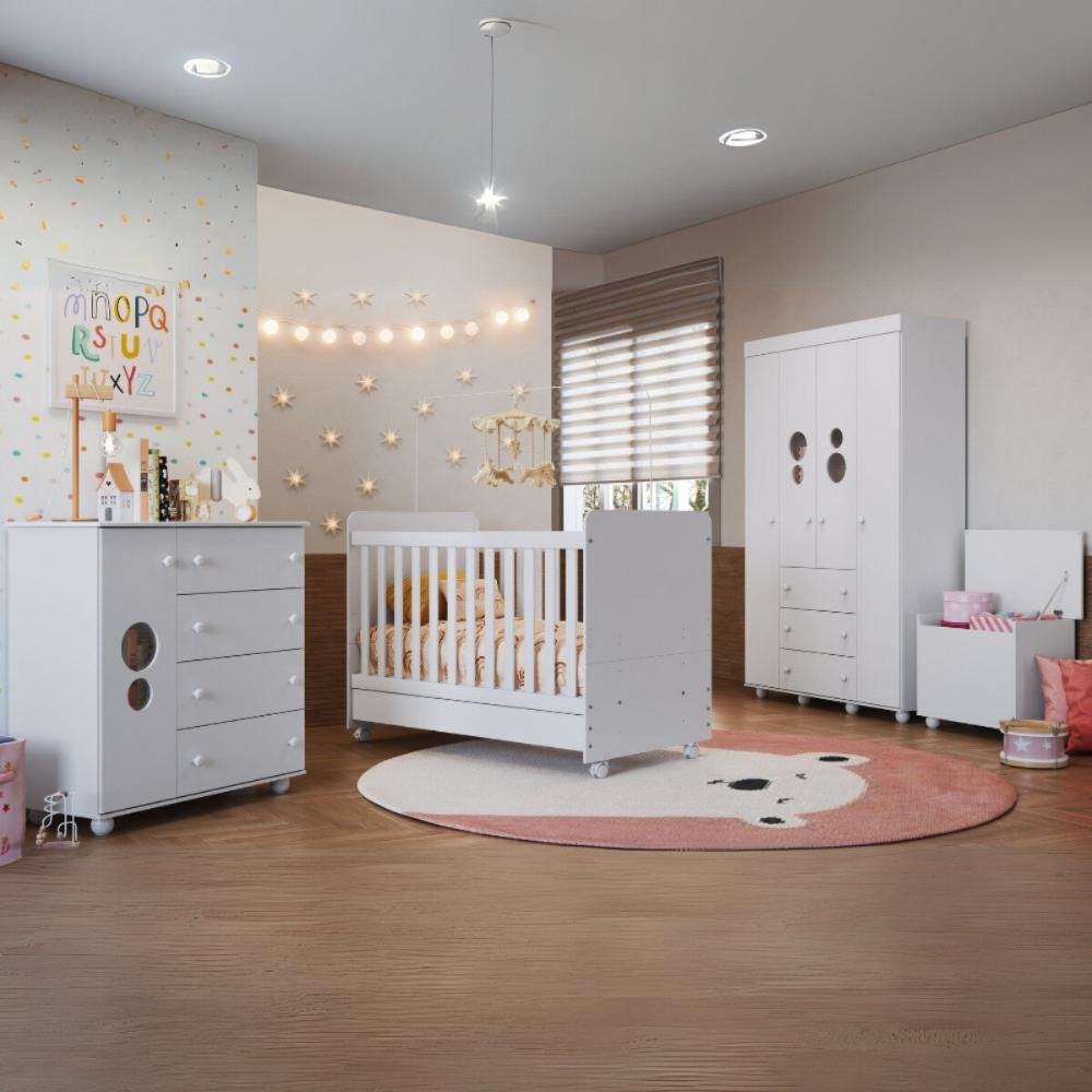 Quarto Infantil Completo com Berço Americano 3 em 1 para Colchão 130x70cm Multimóveis MP4360 Branca