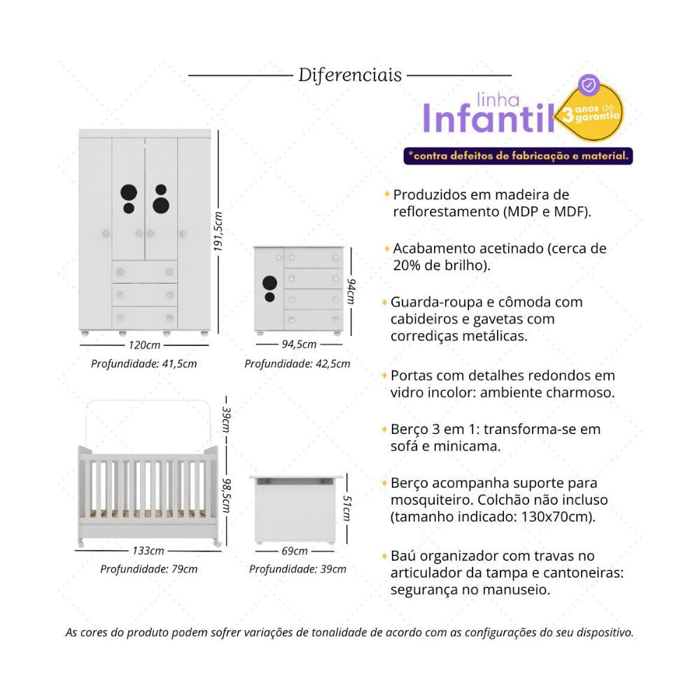 Quarto Infantil Completo com Berço Americano 3 em 1 para Colchão 130x70cm Multimóveis MP4360 Branca