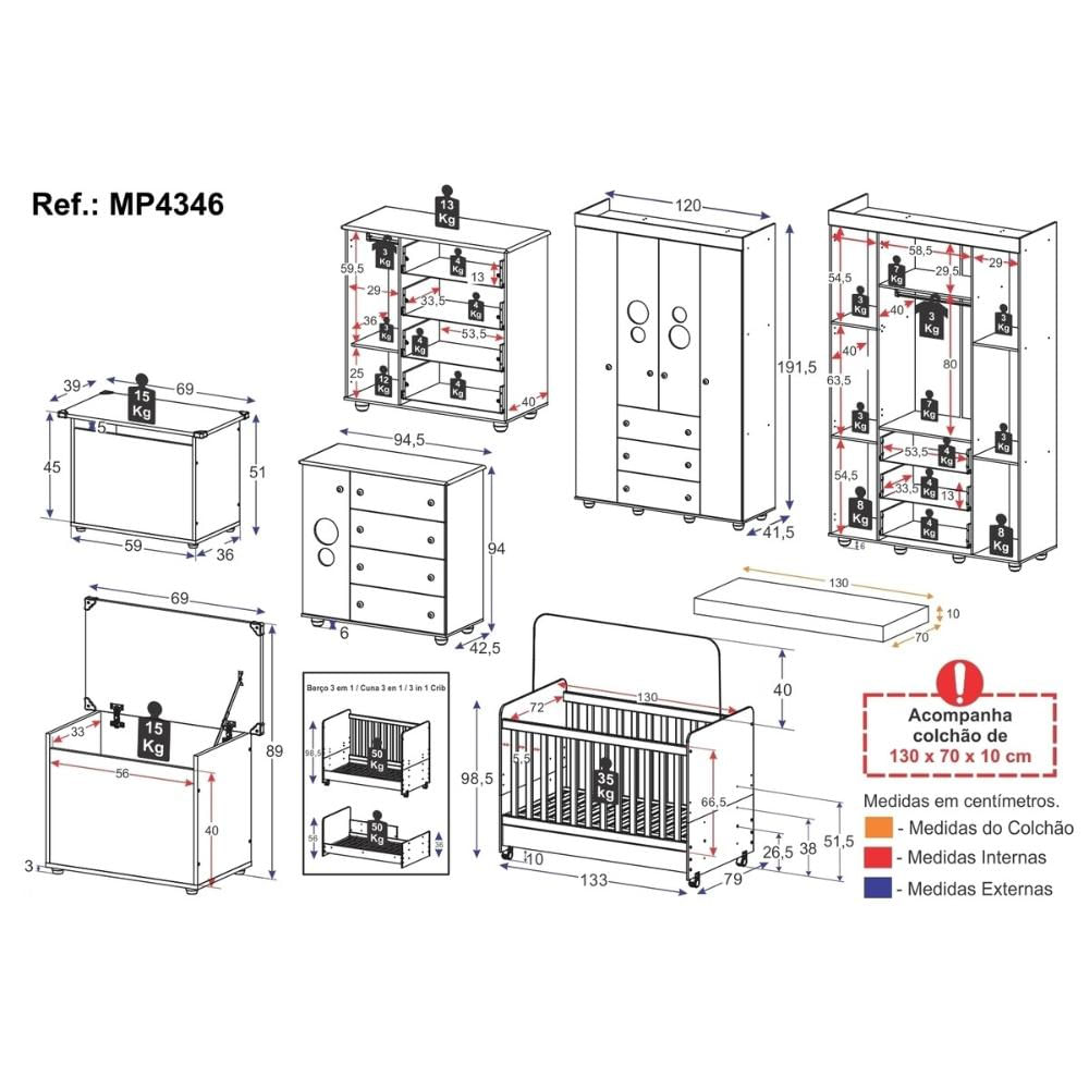 Quarto Infantil Completo com Berço Americano 3 em 1 com Colchão Incluso Multimóveis MP4346 Branca