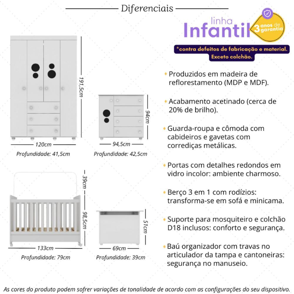 Quarto Infantil Completo com Berço Americano 3 em 1 com Colchão Incluso Multimóveis MP4346 Branca