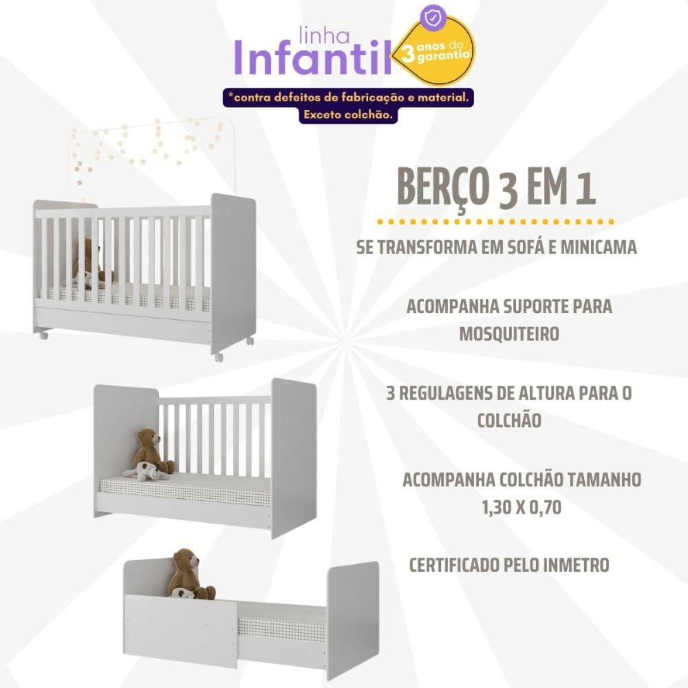 Quarto Infantil Completo com Berço Americano 3 em 1 com Colchão Incluso Multimóveis MP4346 Branca