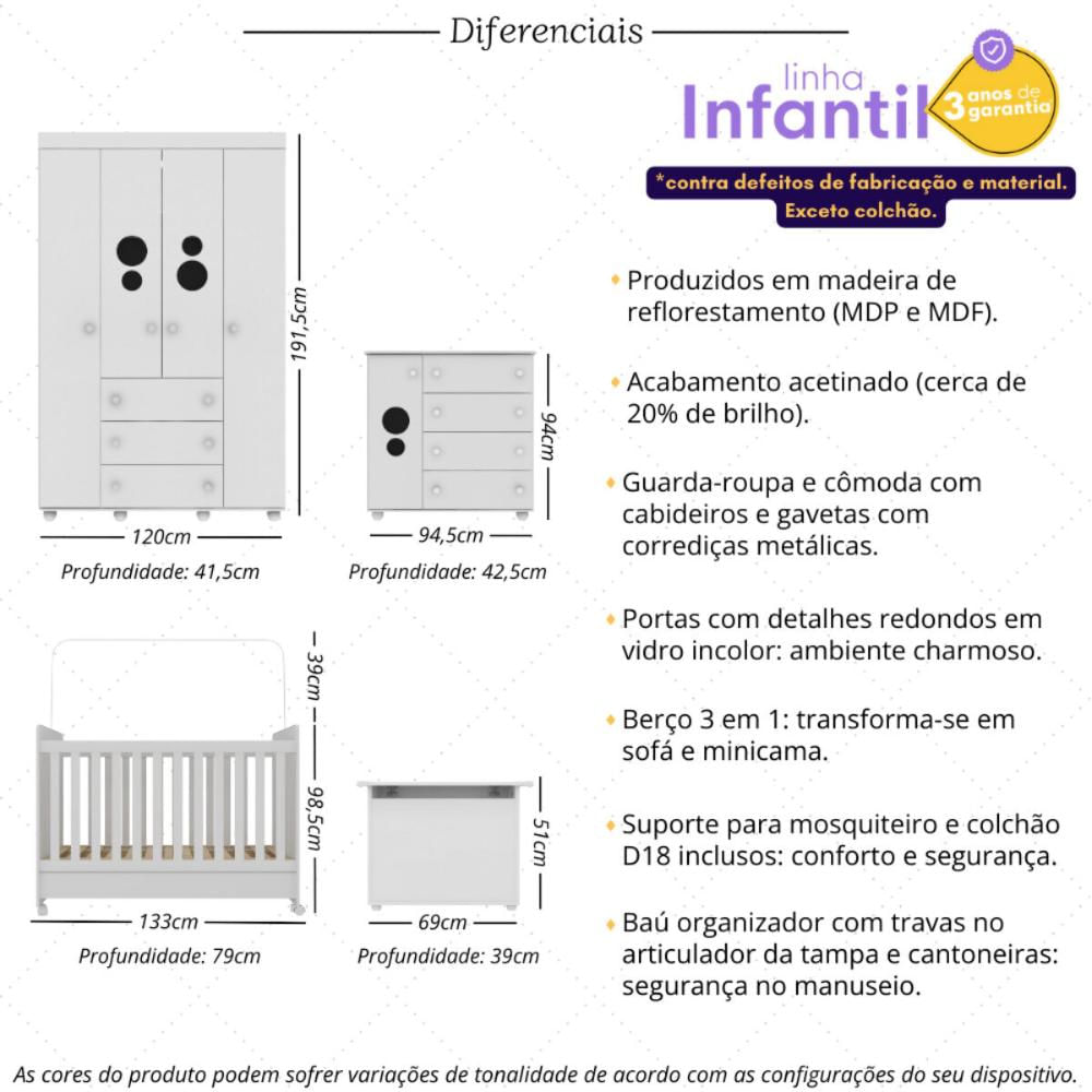 Quarto Infantil Completo com Berço Americano 3 em 1 com Colchão Incluso Multimóveis MP4361 Branca