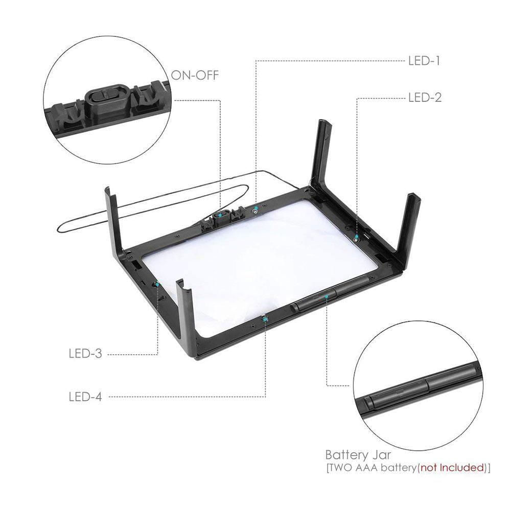 Lupa De Mesa Tamanho A4 Com Suporte Maos Livre Ampliação 3x Com Iluminação Led Lente De Aumento Para Leitura