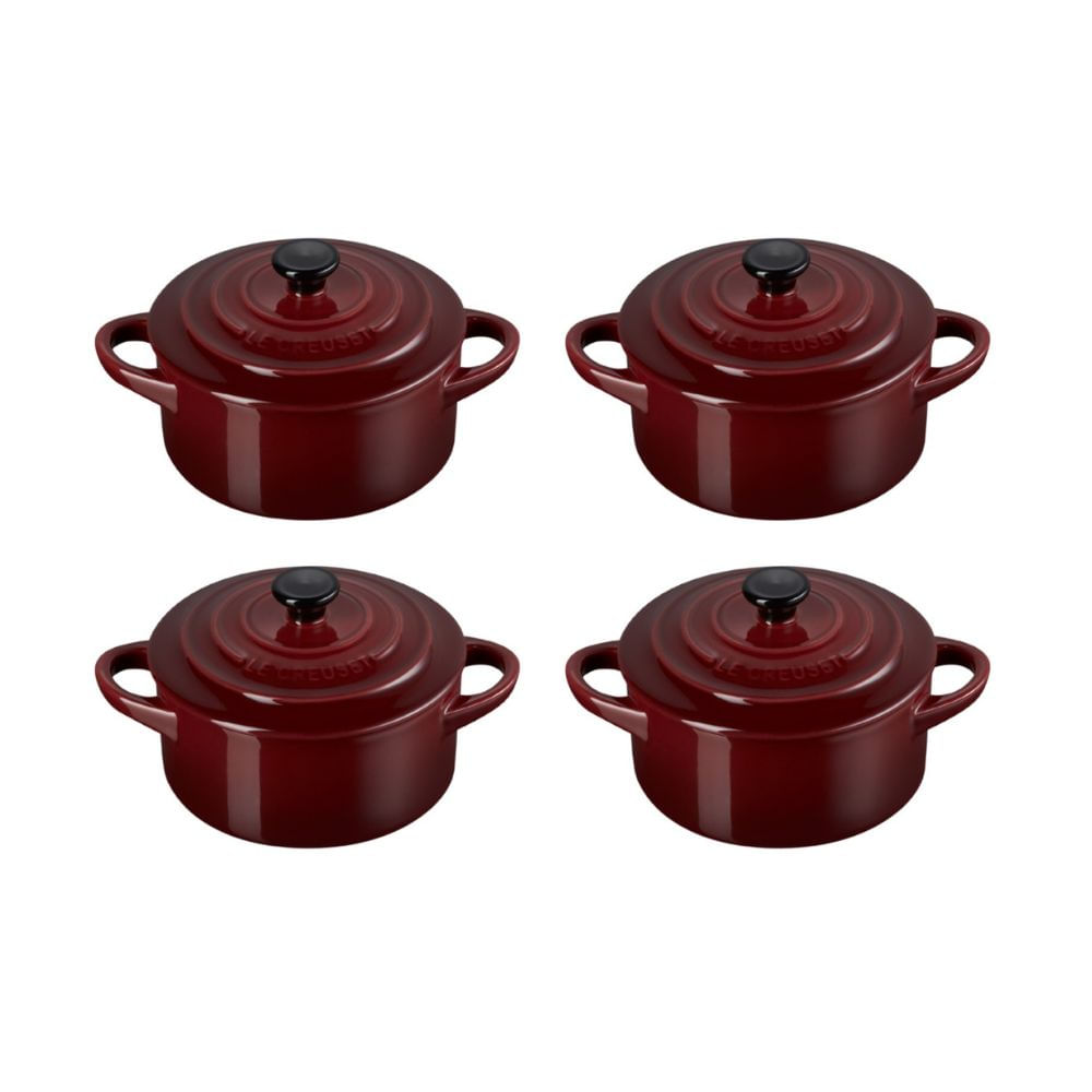 KIT LE CREUSET 4 MINI COCOTTE EM CERAMICA 250ML COM PUXADOR PRETO VERMELHO RHONE