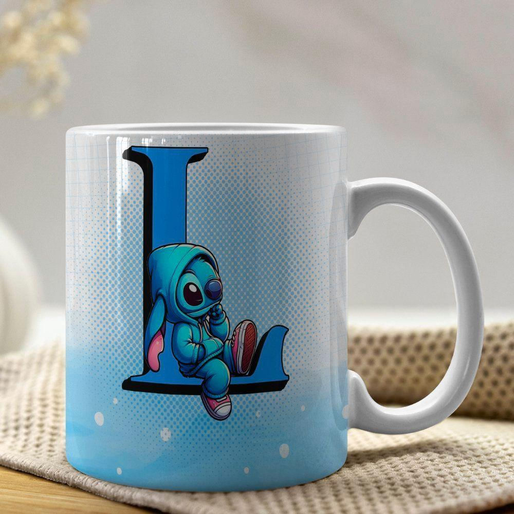 Caneca De Porcelana Stitch Letras A-z 325ml Azul L